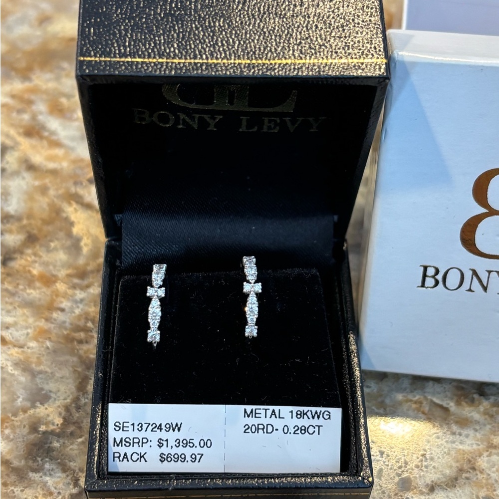 LIKE NEW BONY LEVY 18K White Gold Hoop Earrings 20 Diamonds (.28 CT) Worn Twice